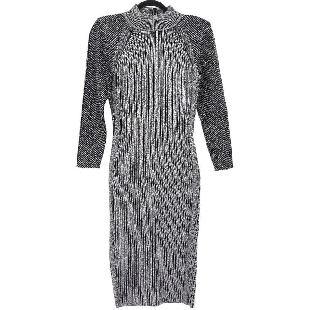 Retrofete Aylin Rib Knit Midi Dress Size L Silver Black Metallic Bodycon